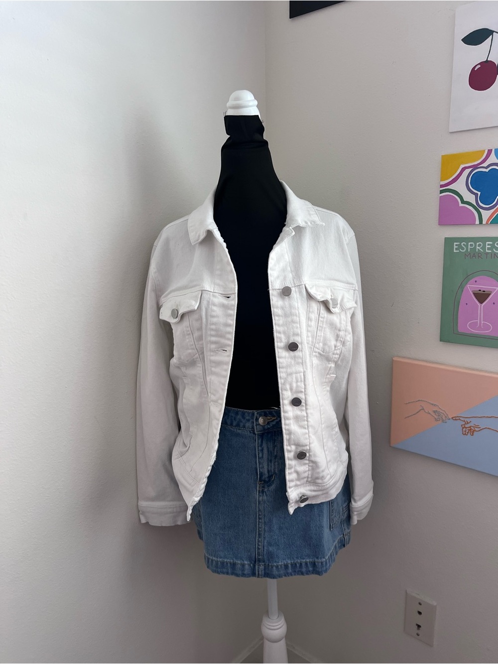 White Stretch Denim Jacket Women’s Size S Classic Button Front Jean Jacket